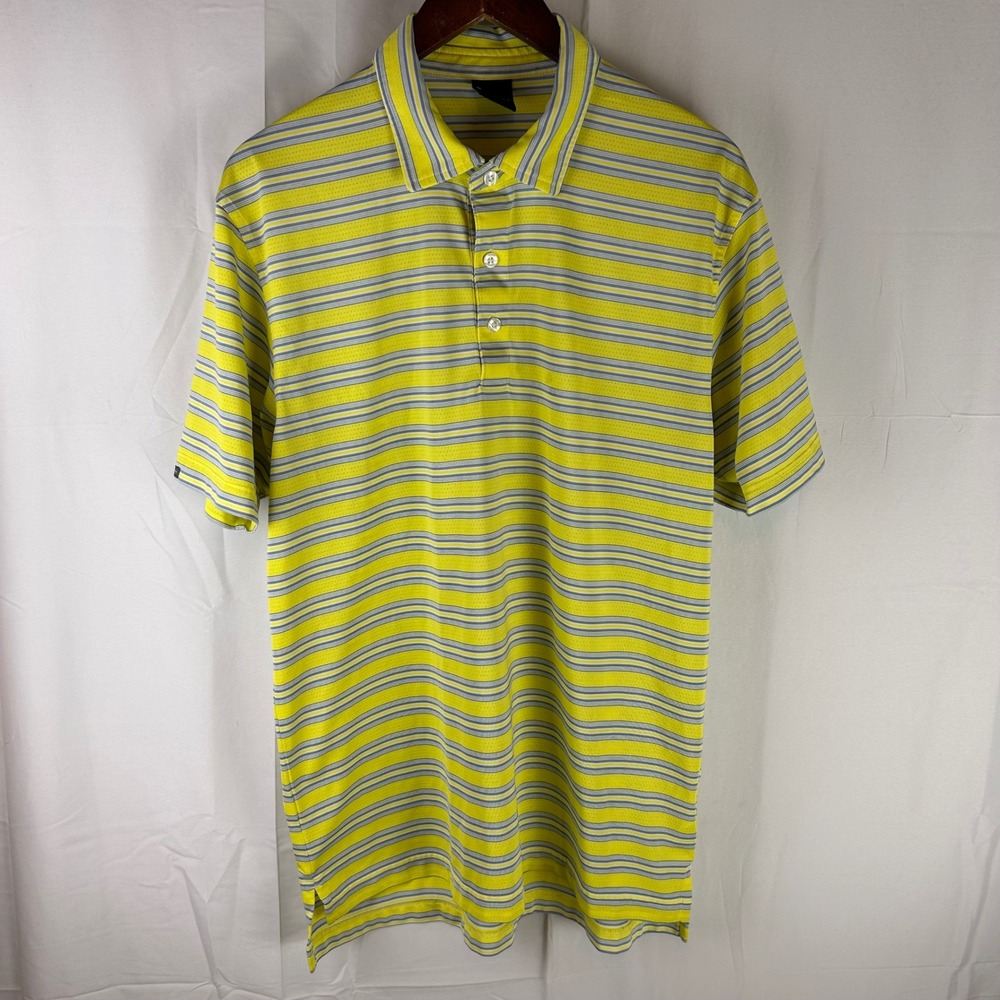 Dunning Golf Polo Shirt Mens L Yellow Grey Striped Performance Mesh‎ DN800333